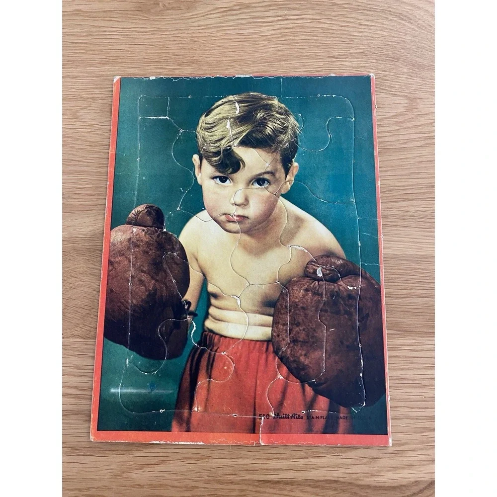 VTG Warren Built Rite Sta-N-Place Boxing Boys Tray Puzzles 510 Lot of Two MCM